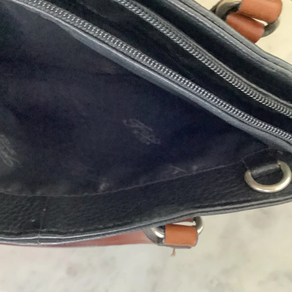 VINTAGE Black Fossil Leather Satchel Brown Top Handle Key‎ Charm Designer Purse